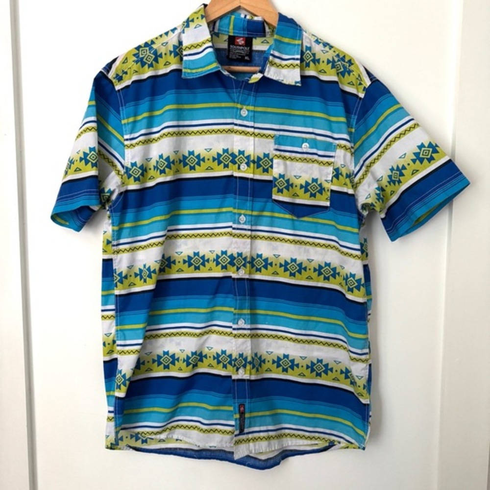 Y2K Southpole Button-Up Shirt Mens XL Blue Green Streetwear Aztec‎ Southwestern